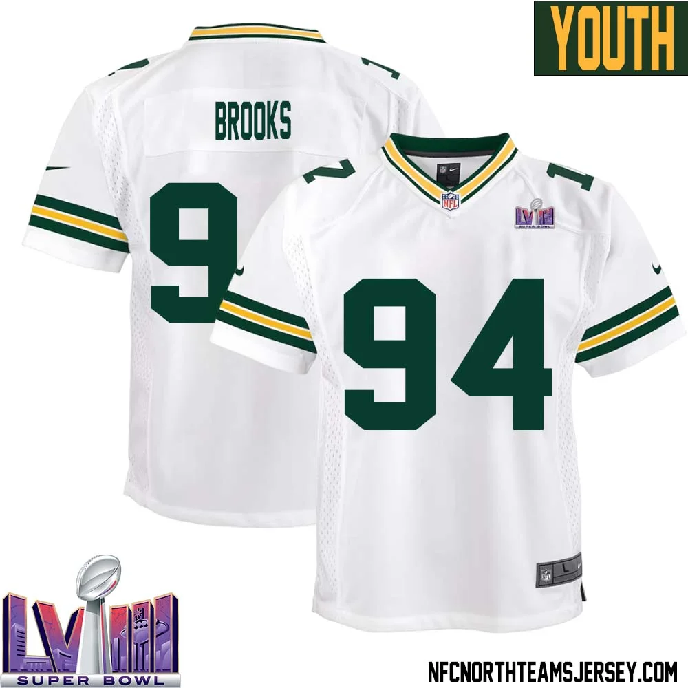 Karl Brooks No 94 Green Bay Packers Super Bowl LVIII Away Game Jersey Youth White 1