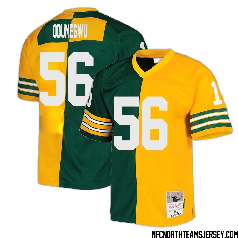 Kenneth Odumegwu No 56 Green Bay Packers Mitchell Ness 1969 Split Legacy Replica Jersey Green Gold 1