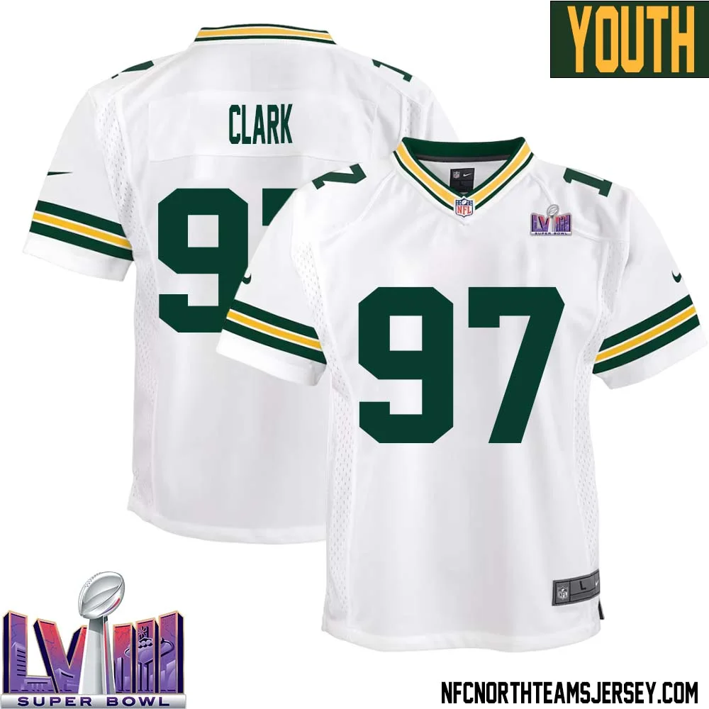 Kenny Clark No 97 Green Bay Packers Super Bowl LVIII Away Game Jersey Youth White 1