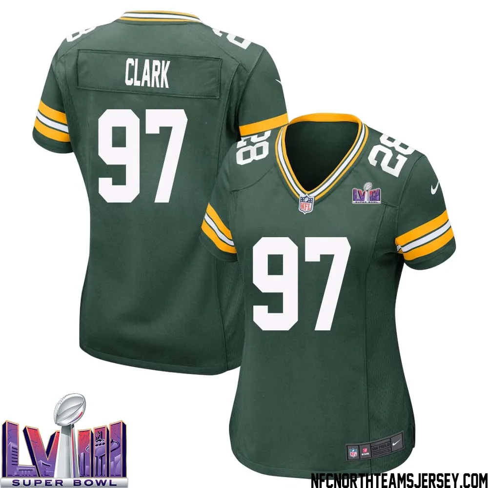 Kenny Clark No 97 Green Bay Packers Super Bowl LVIII Home Game Jersey Womens 1