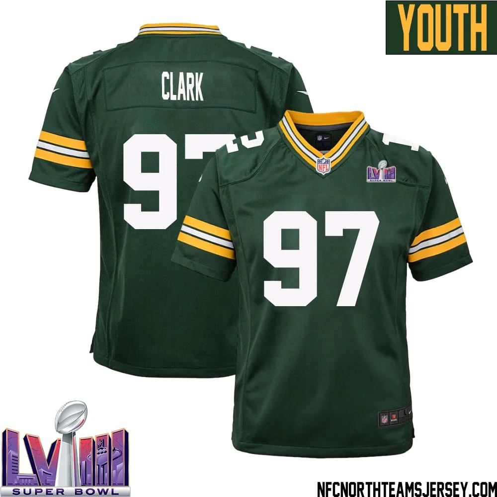 Kenny Clark No 97 Green Bay Packers Super Bowl LVIII Home Game Jersey Youth