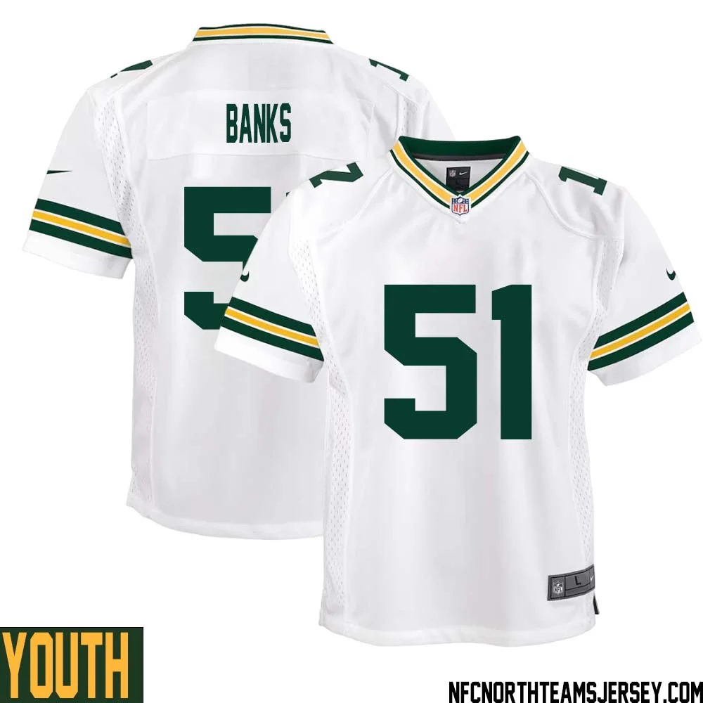Keshawn Banks No 51 Green Bay Packers Away Game Jersey Youth White 1