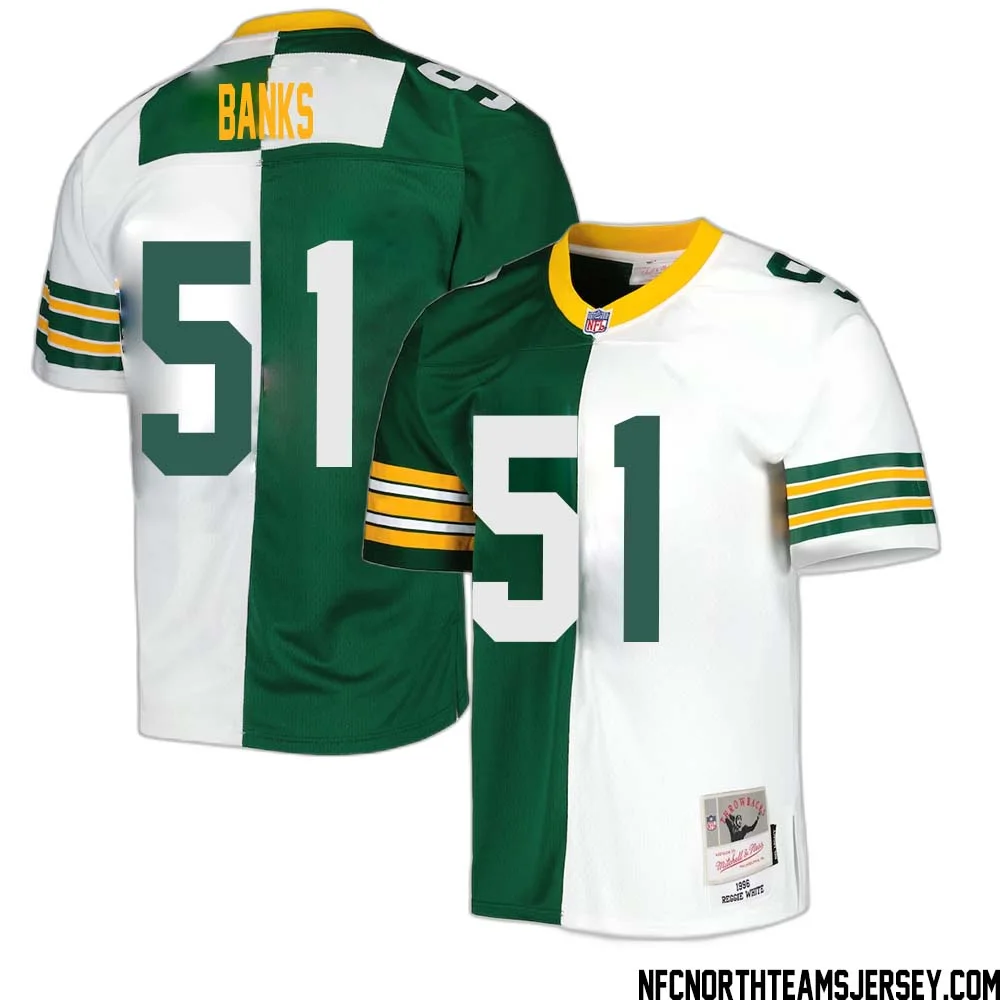 Keshawn Banks No 51 Green Bay Packers Mitchell Ness 1996 Split Legacy Replica Jersey Green White 1