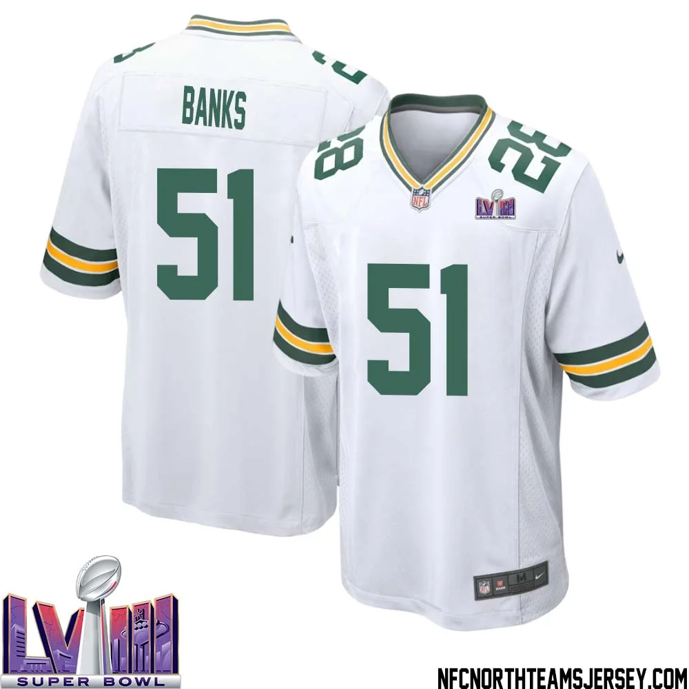 Keshawn Banks No 51 Green Bay Packers Super Bowl LVIII Away Game Jersey Mens White 1
