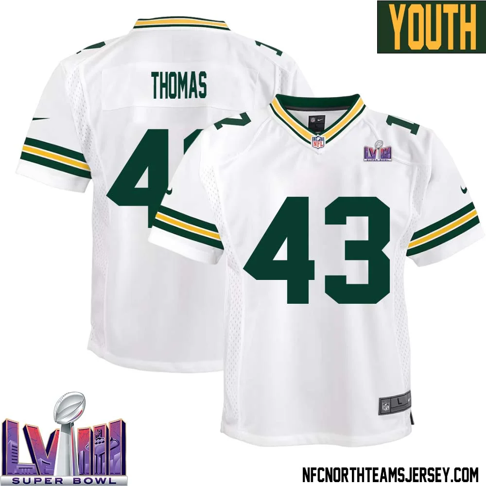 Kiondre Thomas No 43 Green Bay Packers Super Bowl LVIII Away Game Jersey Youth White