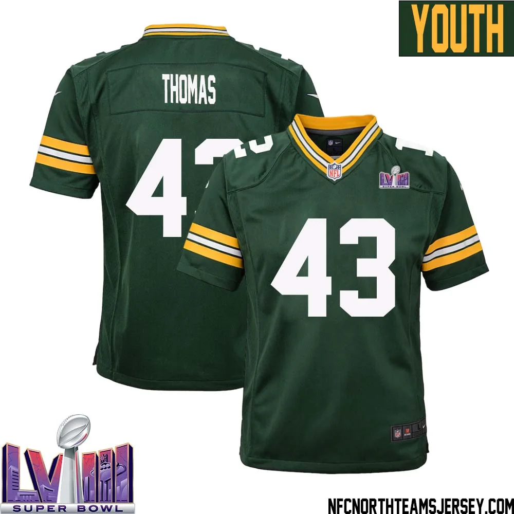 Kiondre Thomas No 43 Green Bay Packers Super Bowl LVIII Home Game Jersey Youth 1
