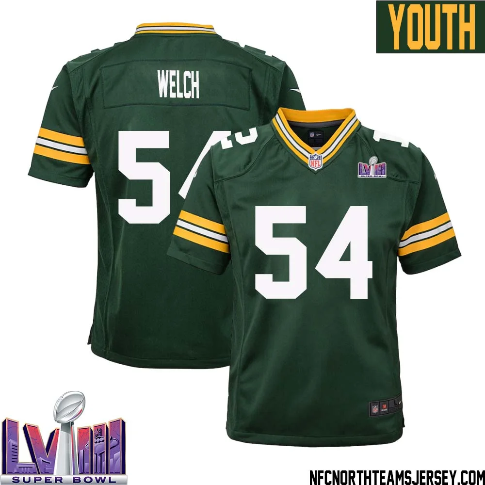 Kristian Welch No 54 Green Bay Packers Super Bowl LVIII Home Game Jersey Youth