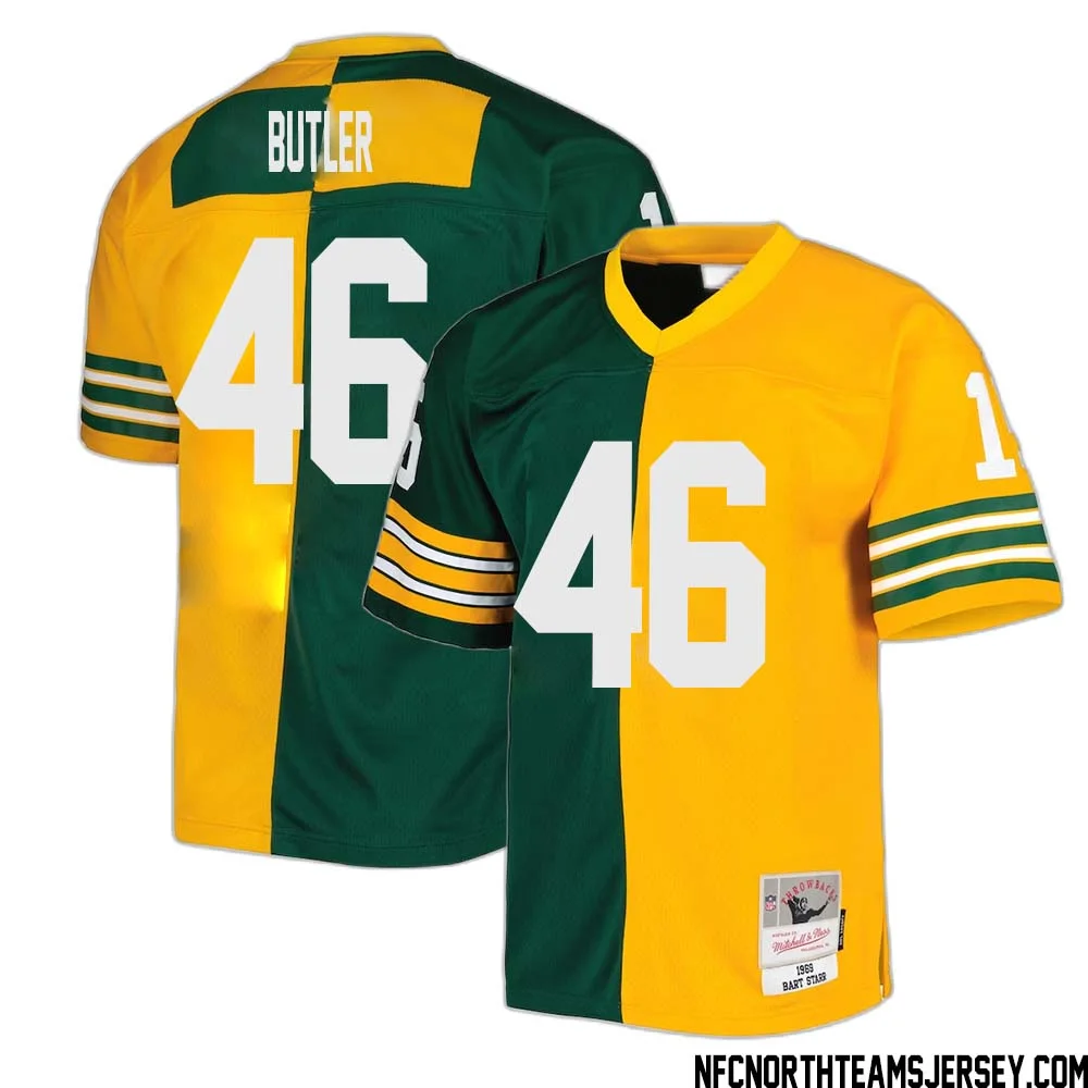 LeRoy Butler No 46 Green Bay Packers Mitchell Ness 1969 Split Legacy Replica Jersey Green Gold 1