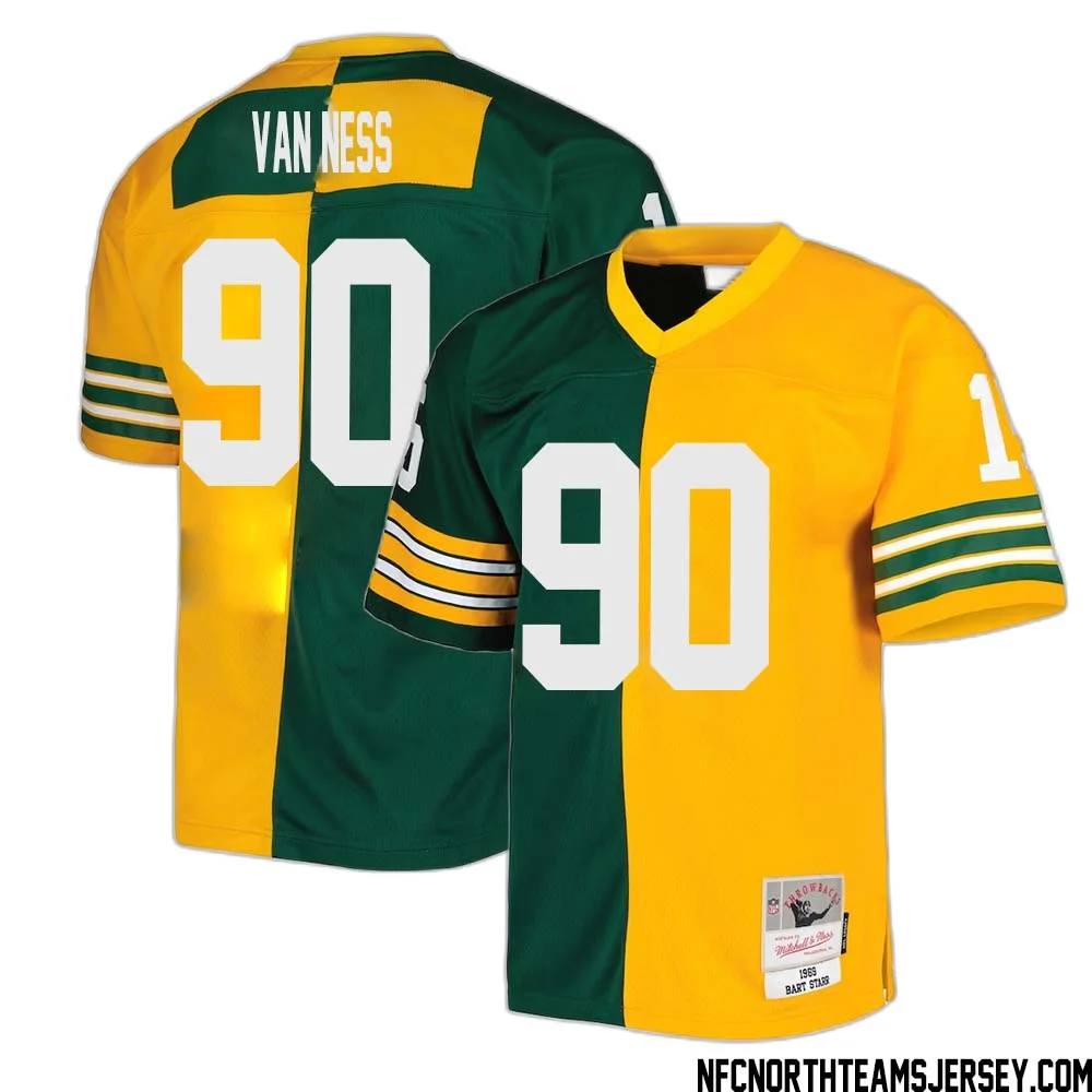 Lukas Van Ness No 90 Green Bay Packers Mitchell Ness 1969 Split Legacy Replica Jersey Green Gold 1