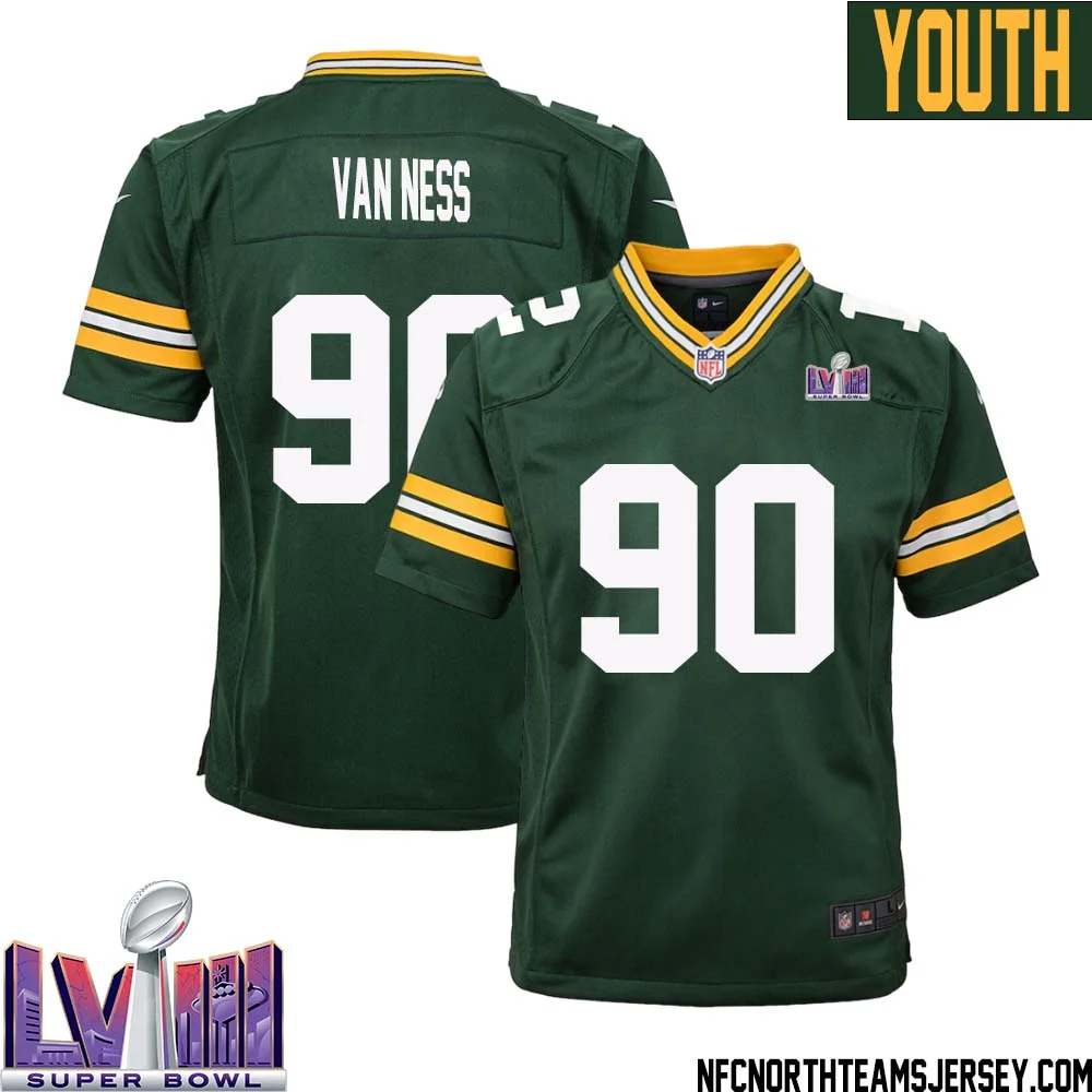 Lukas Van Ness No 90 Green Bay Packers Super Bowl LVIII Home Game Jersey Youth