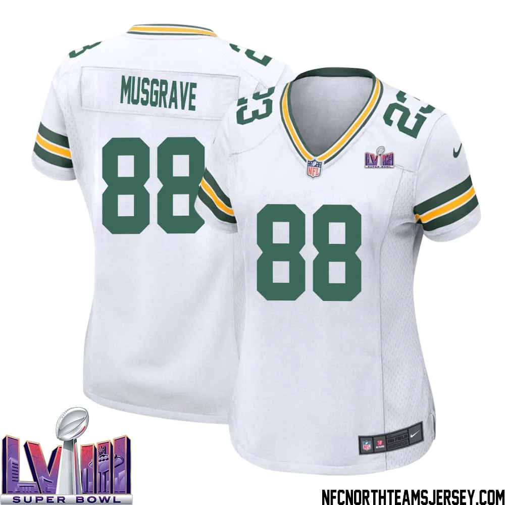 Luke Musgrave No 88 Green Bay Packers Super Bowl LVIII Away Game Jersey Womens White