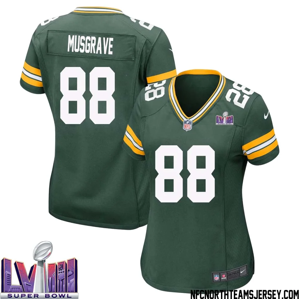 Luke Musgrave No 88 Green Bay Packers Super Bowl LVIII Home Game Jersey Womens 1
