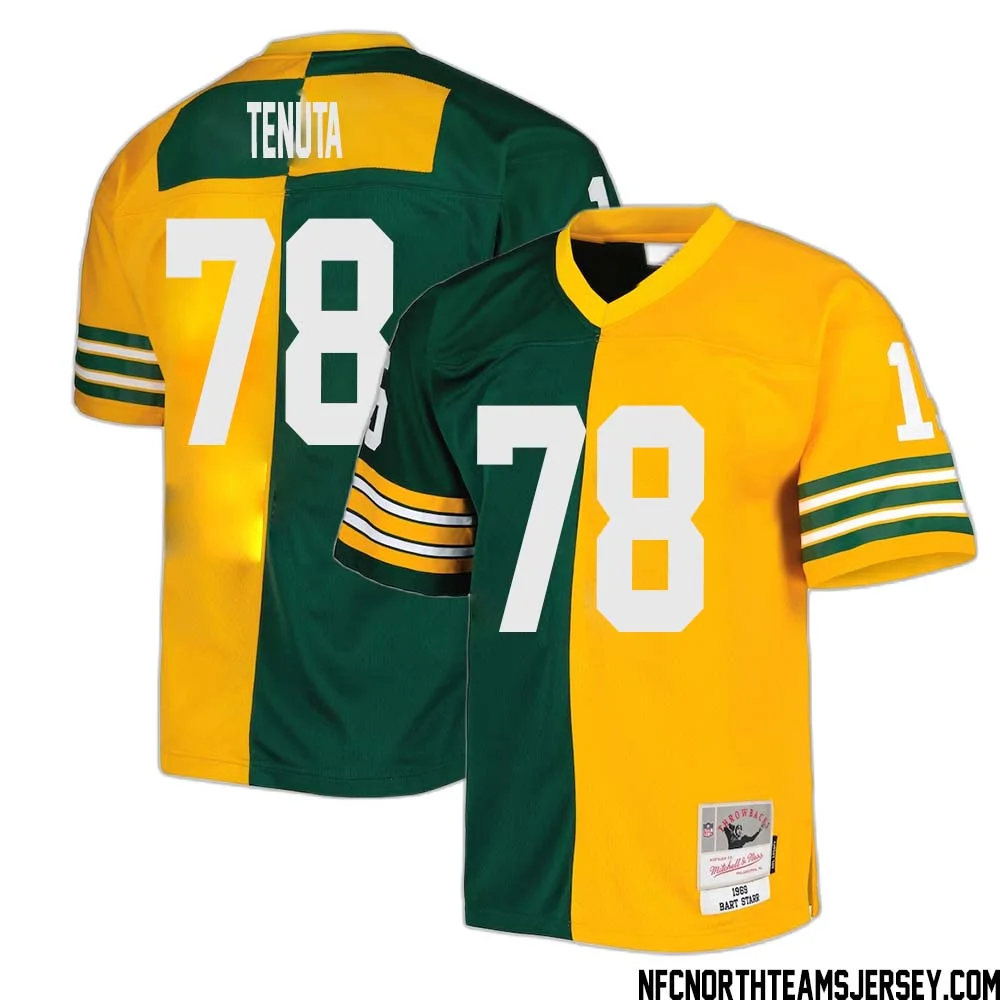 Luke Tenuta No 78 Green Bay Packers Mitchell Ness 1969 Split Legacy Replica Jersey Green Gold 1