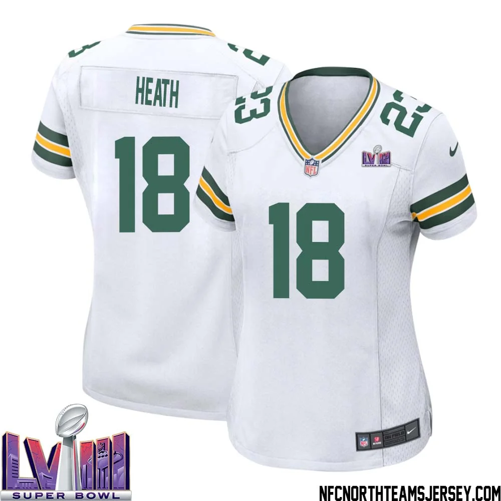 Malik Heath No 18 Green Bay Packers Super Bowl LVIII Away Game Jersey Womens White