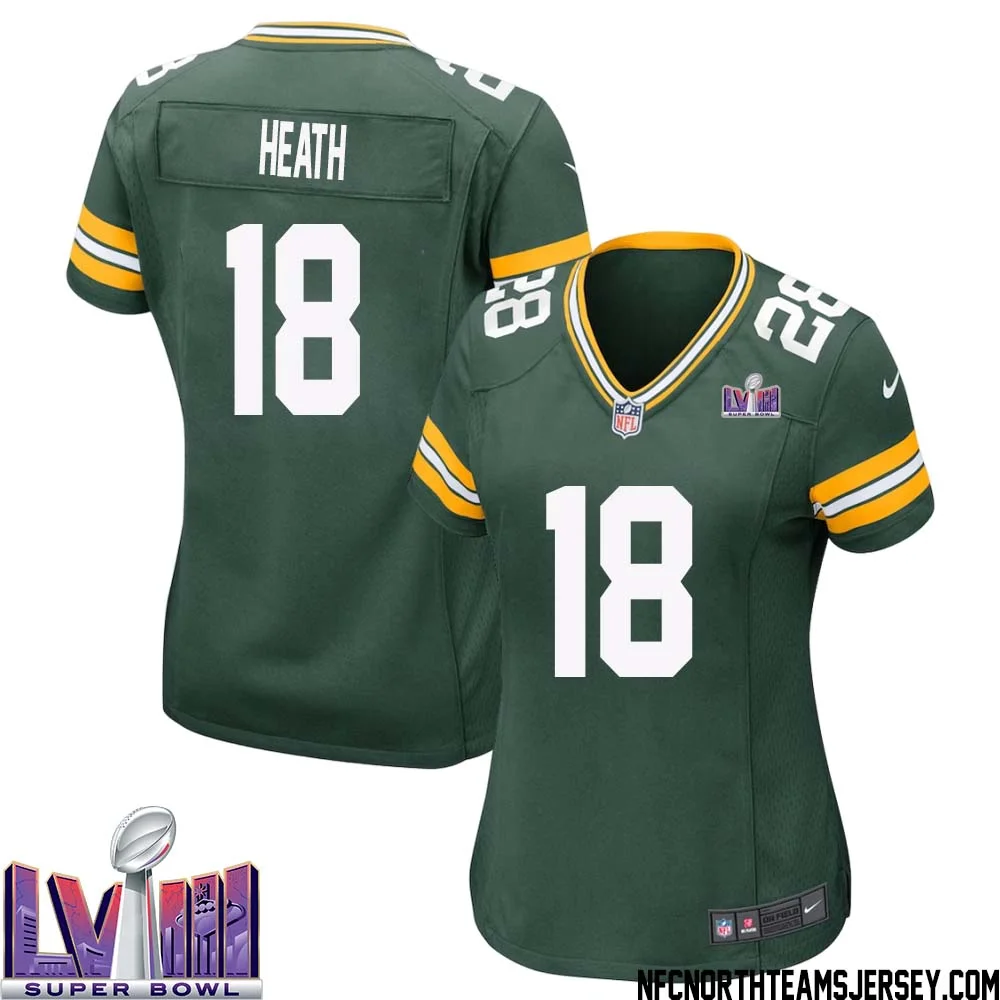 Malik Heath No 18 Green Bay Packers Super Bowl LVIII Home Game Jersey Womens