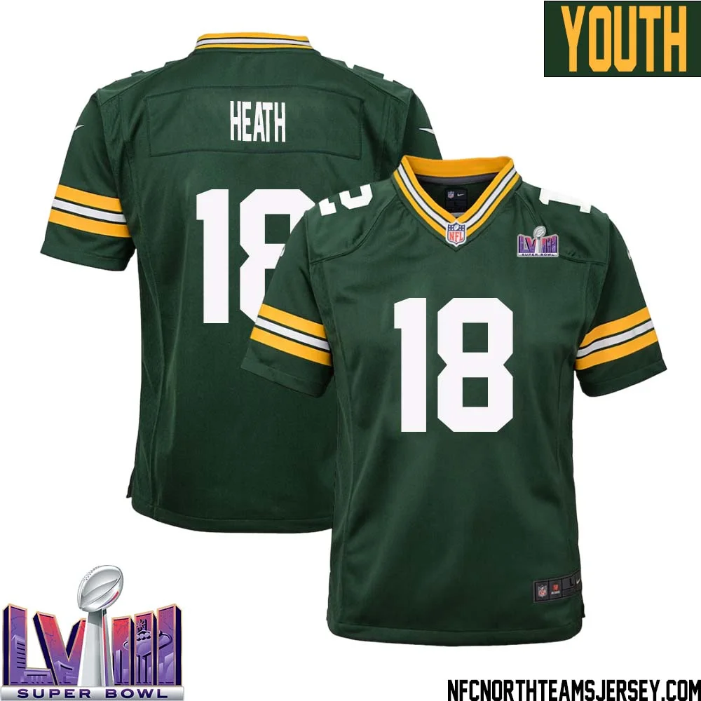 Malik Heath No 18 Green Bay Packers Super Bowl LVIII Home Game Jersey Youth 1