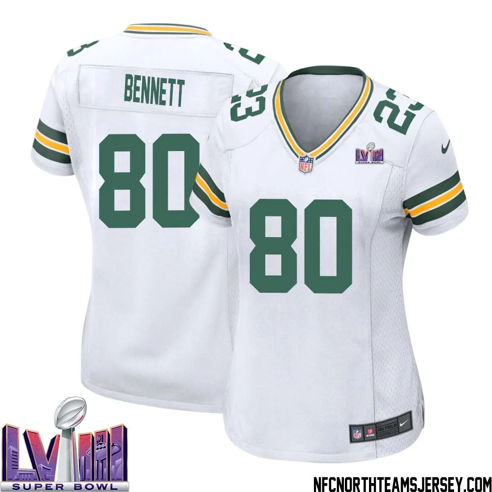 Martellus Bennett No 80 Green Bay Packers Super Bowl LVIII Away Game Jersey Womens White 1