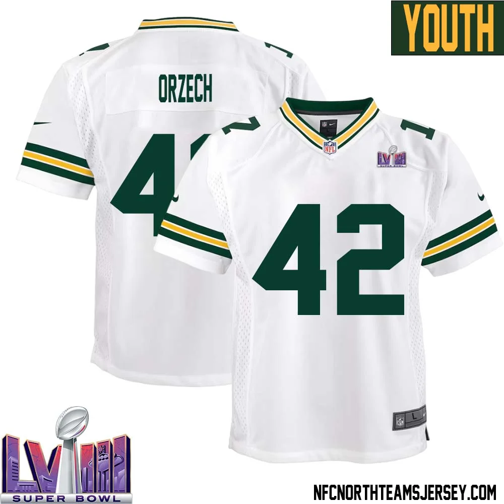 Matthew Orzech No 42 Green Bay Packers Super Bowl LVIII Away Game Jersey Youth White