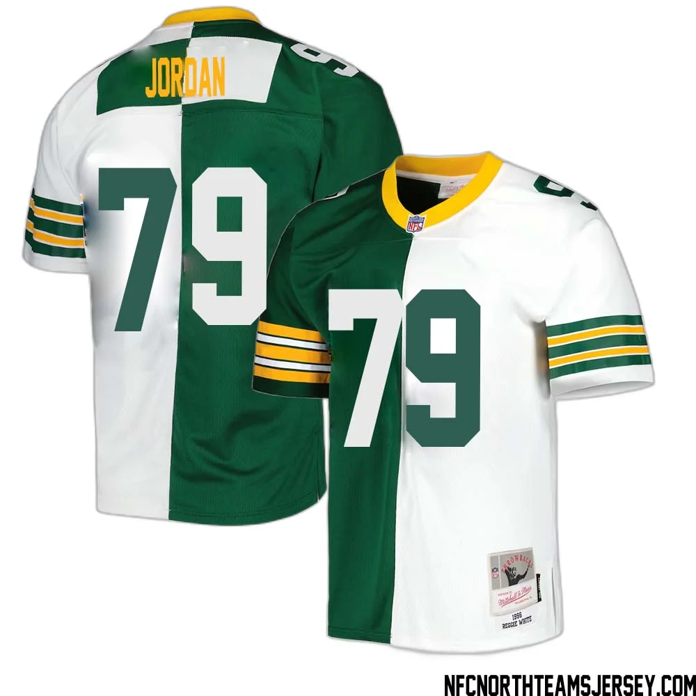 Mike Jordan No 79 Green Bay Packers Mitchell Ness 1996 Split Legacy Replica Jersey Green White 1
