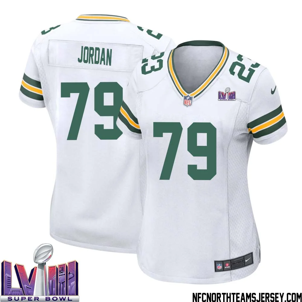 Mike Jordan No 79 Green Bay Packers Super Bowl LVIII Away Game Jersey Womens White