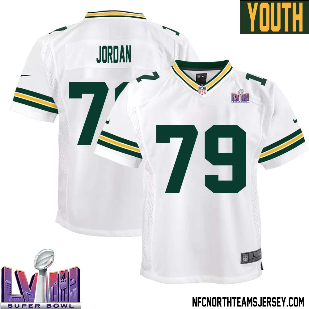 Mike Jordan No 79 Green Bay Packers Super Bowl LVIII Away Game Jersey Youth White