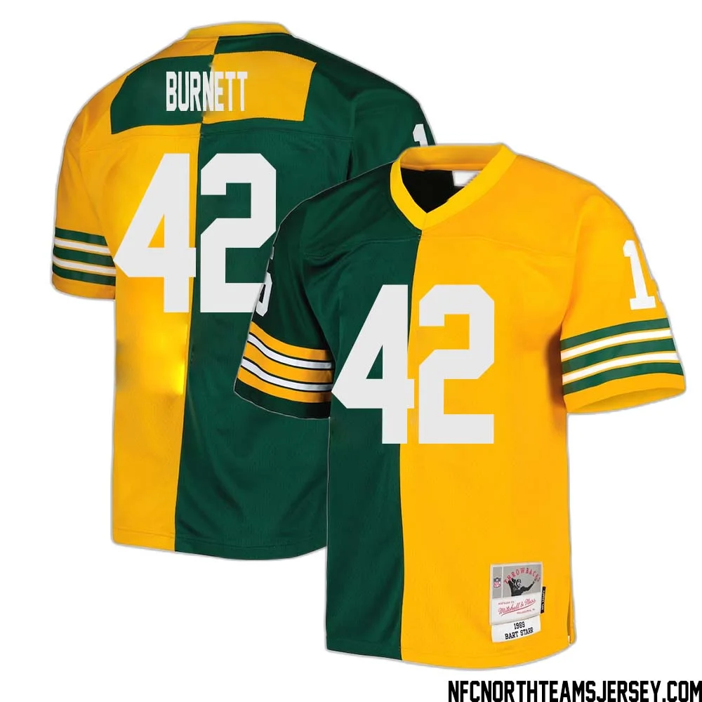 Morgan Burnett No 42 Green Bay Packers Mitchell Ness 1969 Split Legacy Replica Jersey Green Gold 1