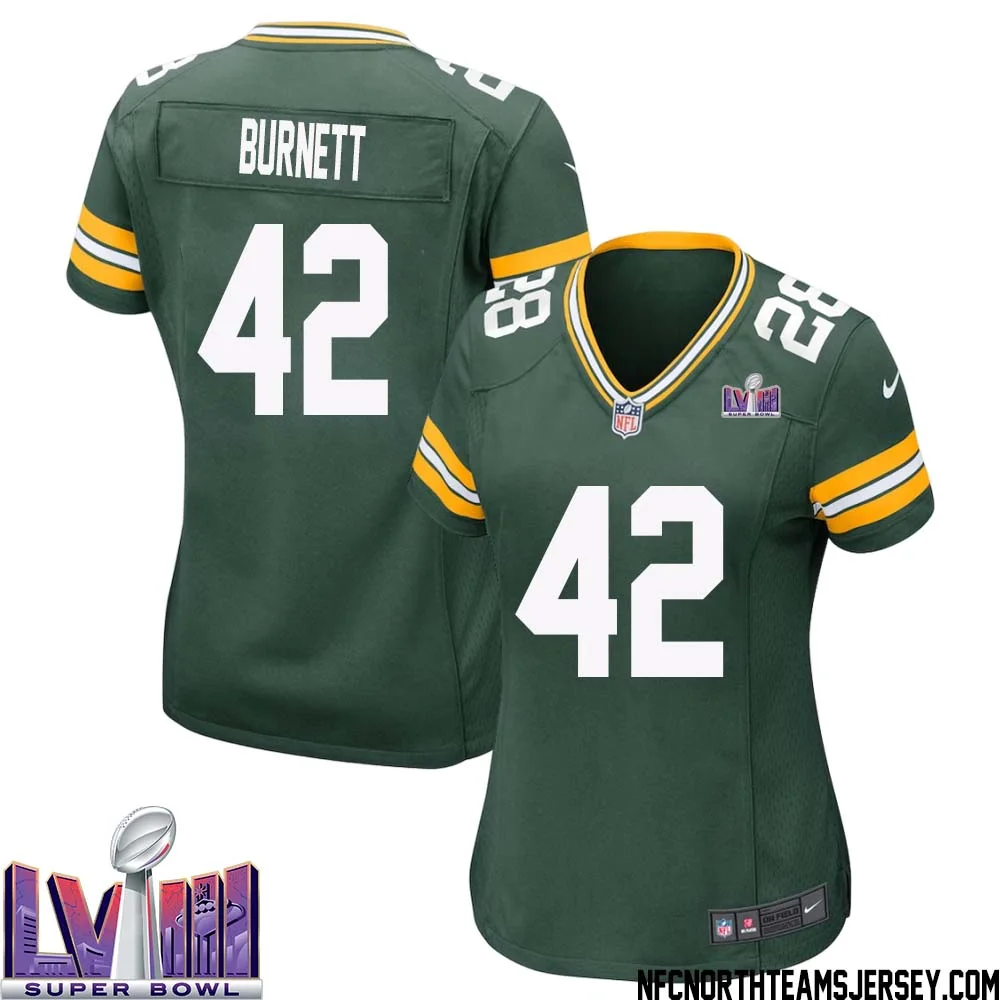 Morgan Burnett No 42 Green Bay Packers Super Bowl LVIII Home Game Jersey Womens