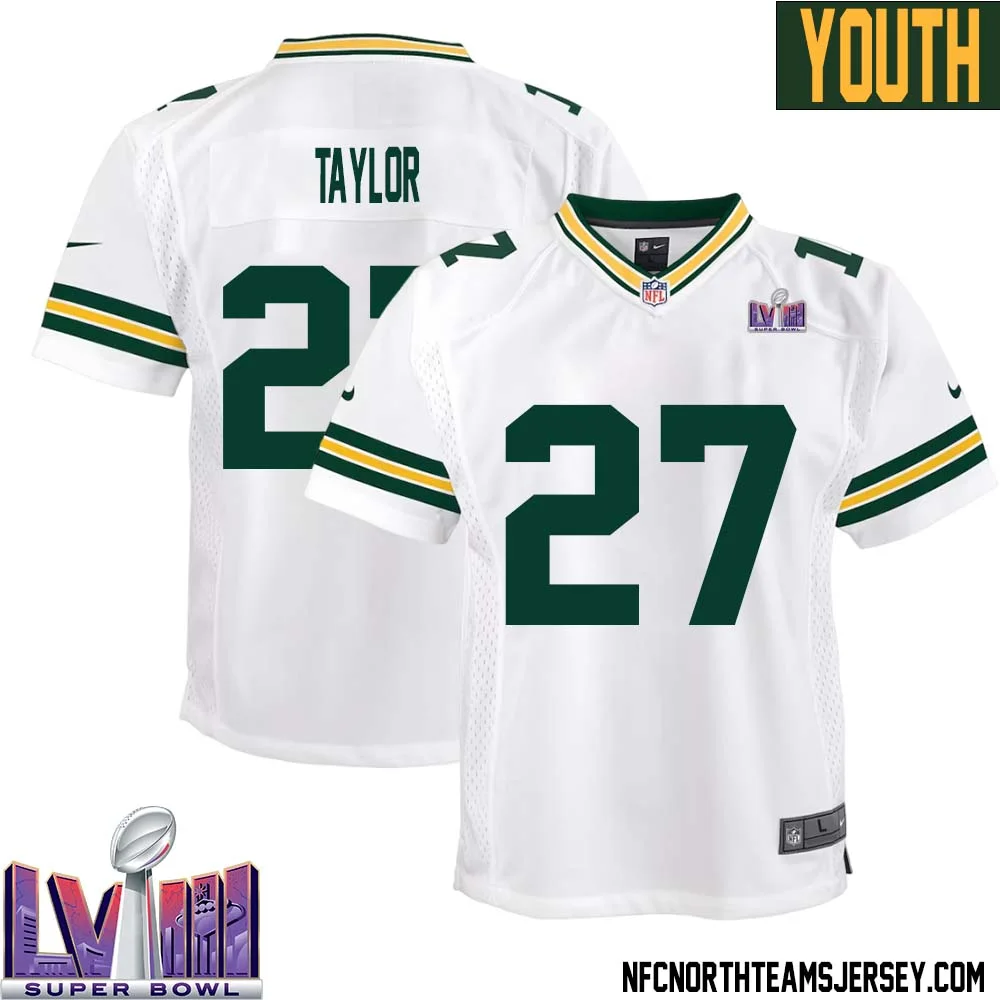 Patrick Taylor No 27 Green Bay Packers Super Bowl LVIII Away Game Jersey Youth White 1