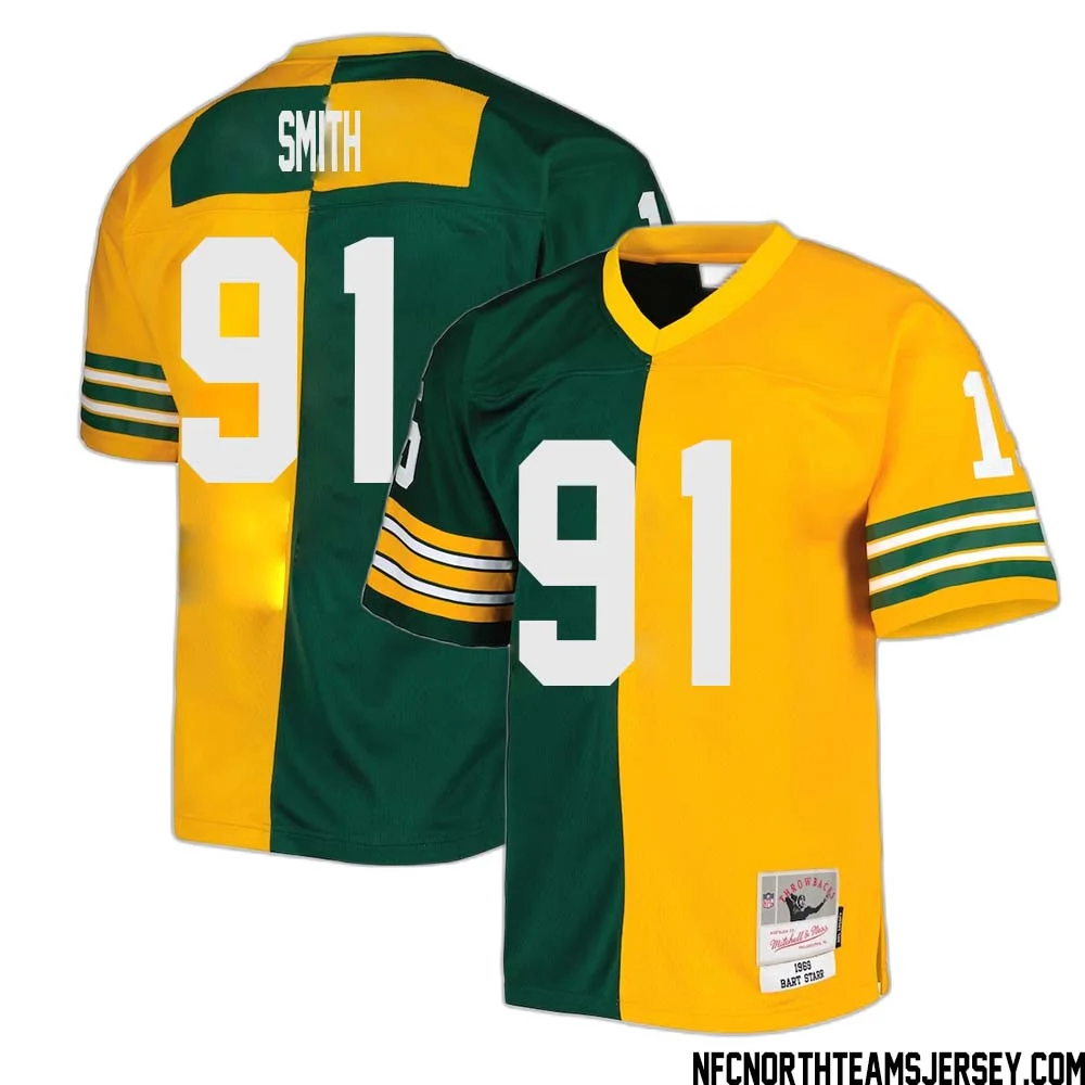 Preston Smith No 91 Green Bay Packers Mitchell Ness 1969 Split Legacy Replica Jersey Green Gold