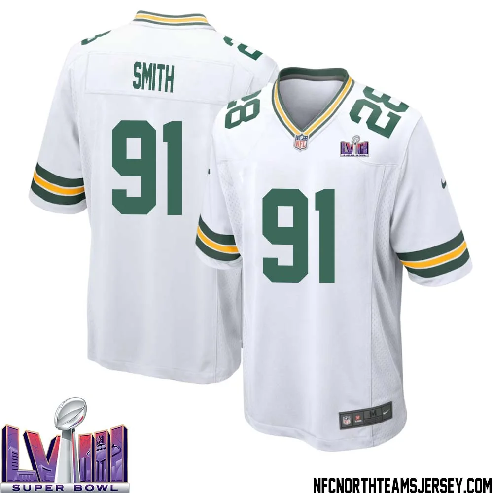 Preston Smith No 91 Green Bay Packers Super Bowl LVIII Away Game Jersey Mens White 1