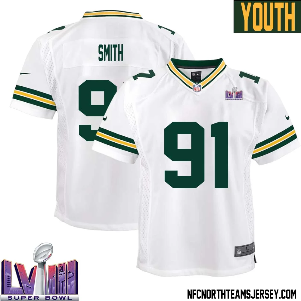 Preston Smith No 91 Green Bay Packers Super Bowl LVIII Away Game Jersey Youth White