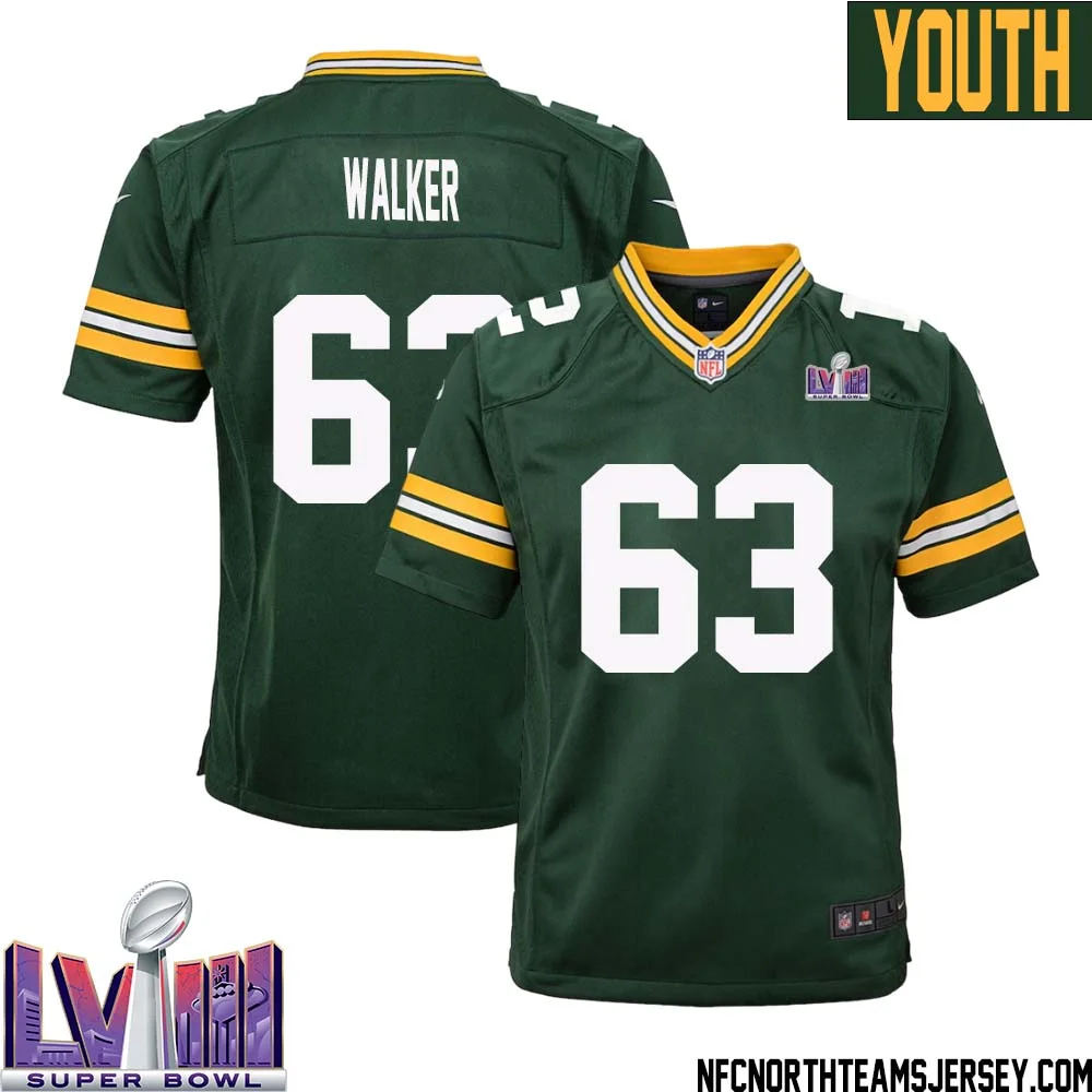 Rasheed Walker No 63 Green Bay Packers Super Bowl LVIII Home Game Jersey Youth