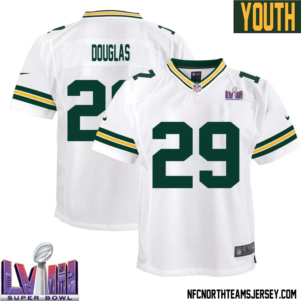 Rasul Douglas No 29 Green Bay Packers Super Bowl LVIII Away Game Jersey Youth White