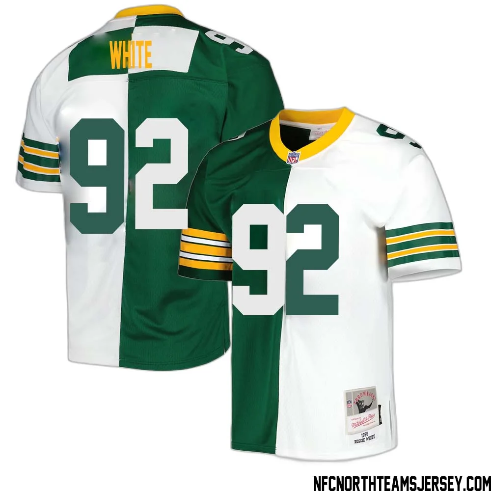 Reggie White No 92 Green Bay Packers Mitchell Ness 1996 Split Legacy Replica Jersey Green White 1
