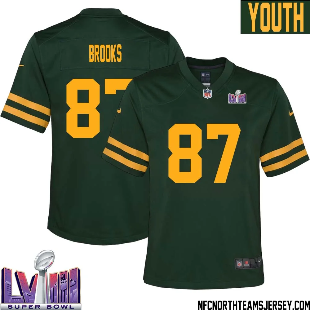 Robert Brooks No 87 Green Bay Packers Super Bowl LVIII Alternate Green Jersey for Youth