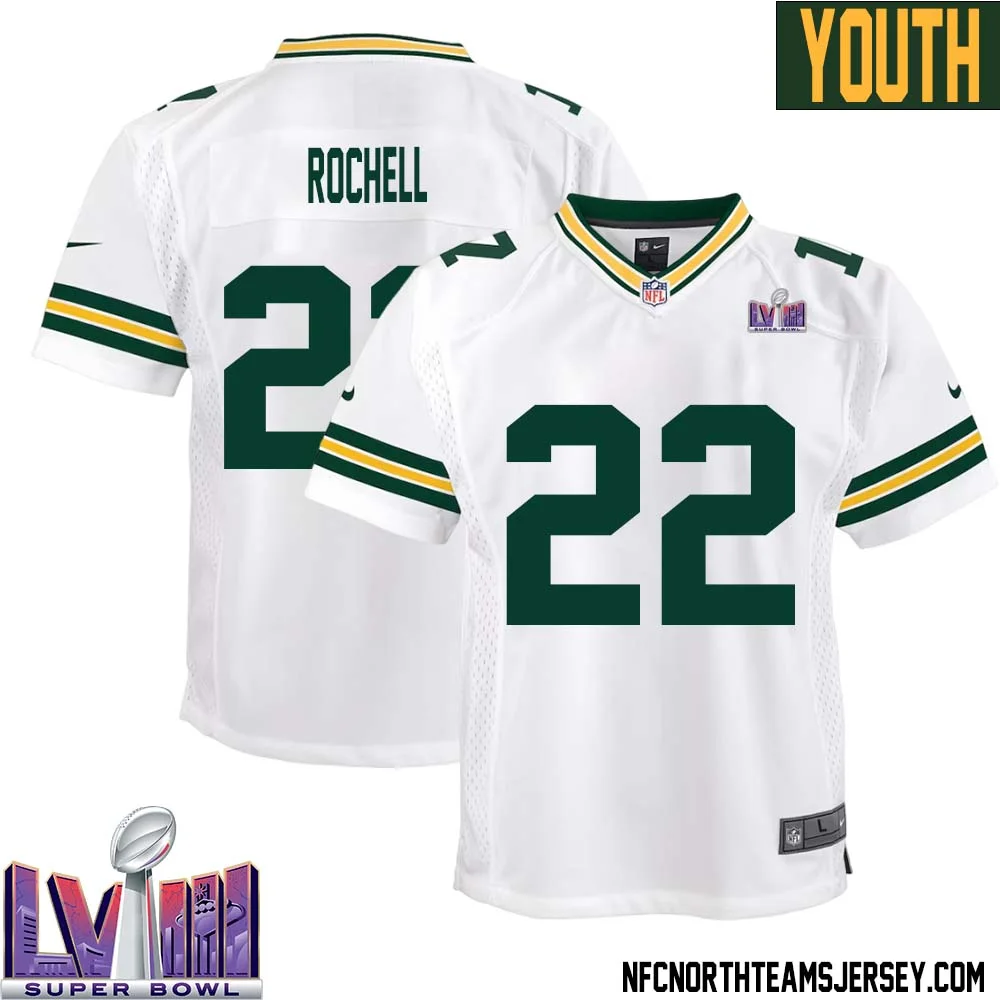 Robert Rochell No 22 Green Bay Packers Super Bowl LVIII Away Game Jersey Youth White