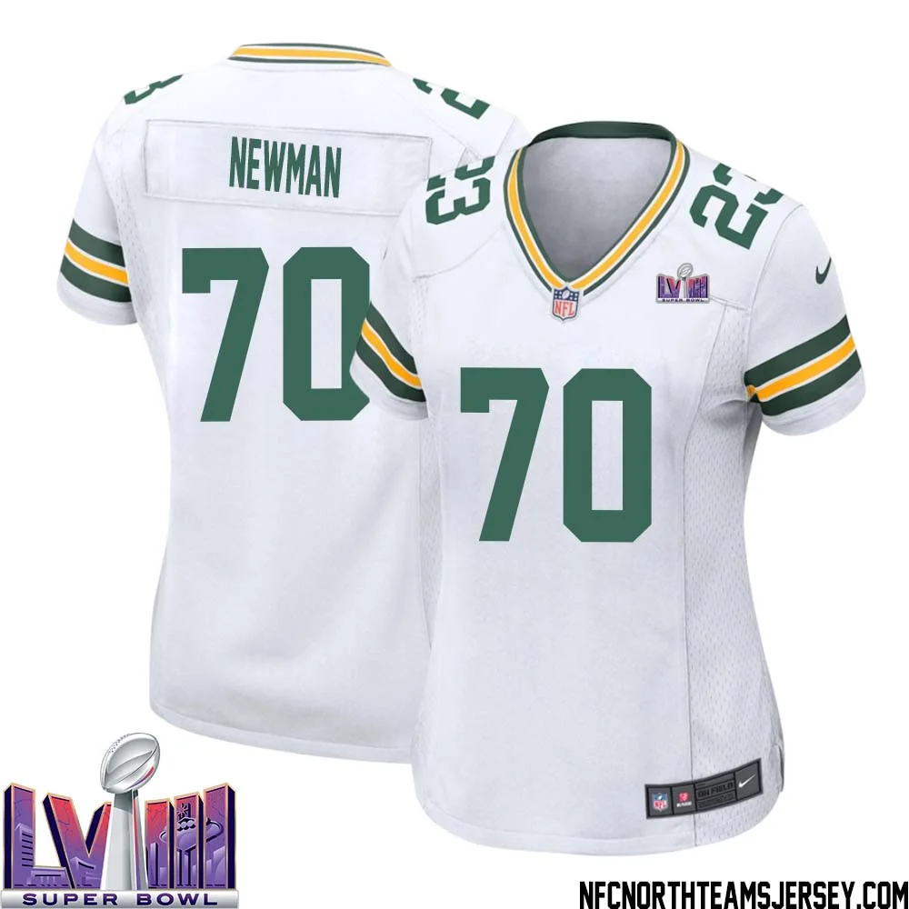 Royce Newman No 70 Green Bay Packers Super Bowl LVIII Away Game Jersey Womens White 1