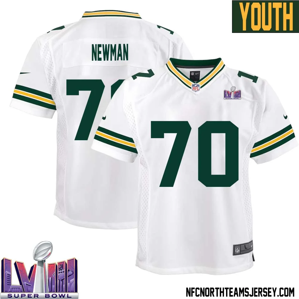 Royce Newman No 70 Green Bay Packers Super Bowl LVIII Away Game Jersey Youth White