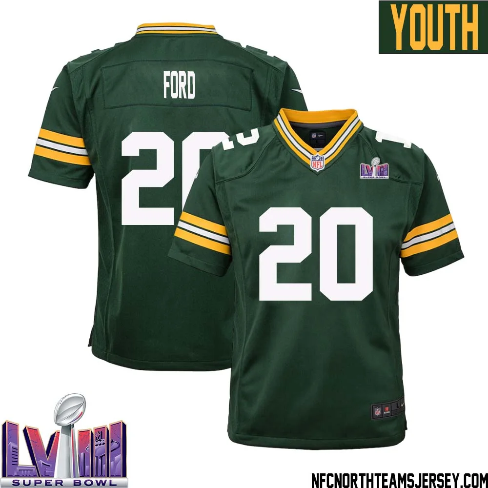 Rudy Ford No 20 Green Bay Packers Super Bowl LVIII Home Game Jersey Youth 1
