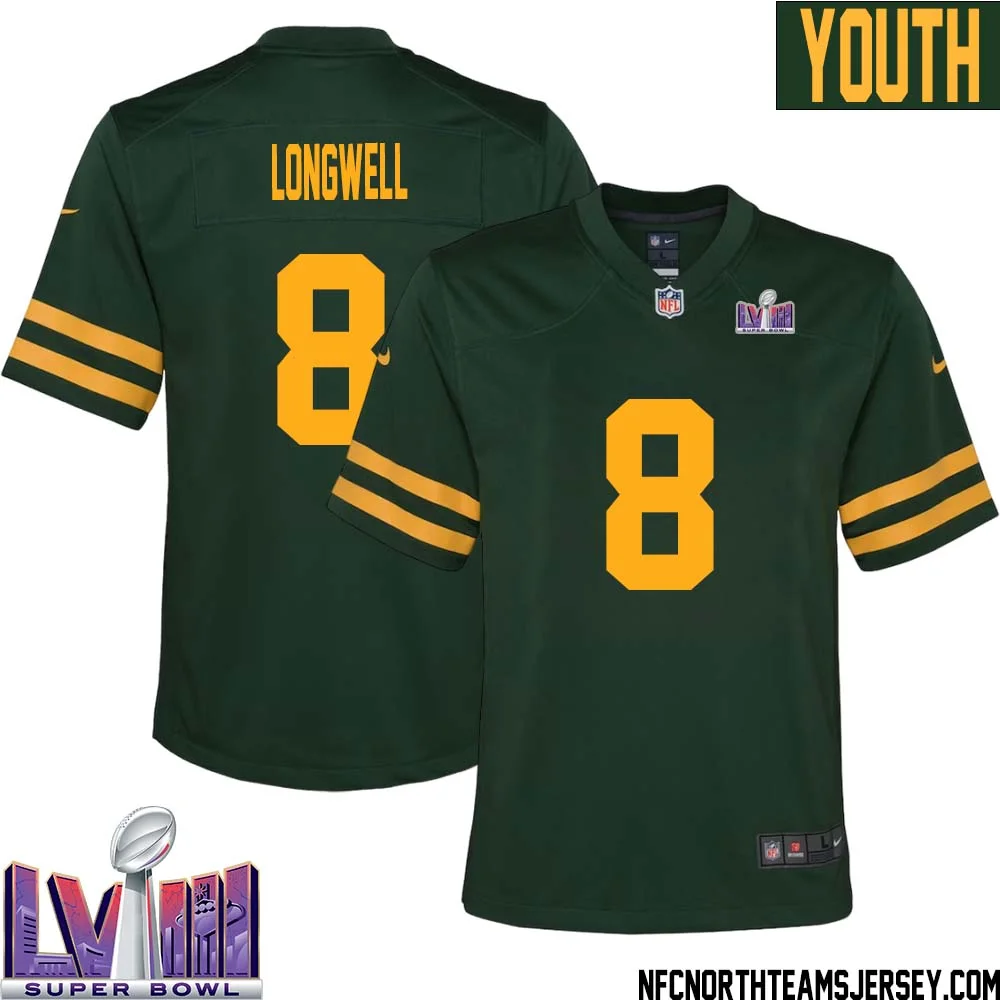 Ryan Longwell No 8 Green Bay Packers Super Bowl LVIII Alternate Green Jersey for Youth