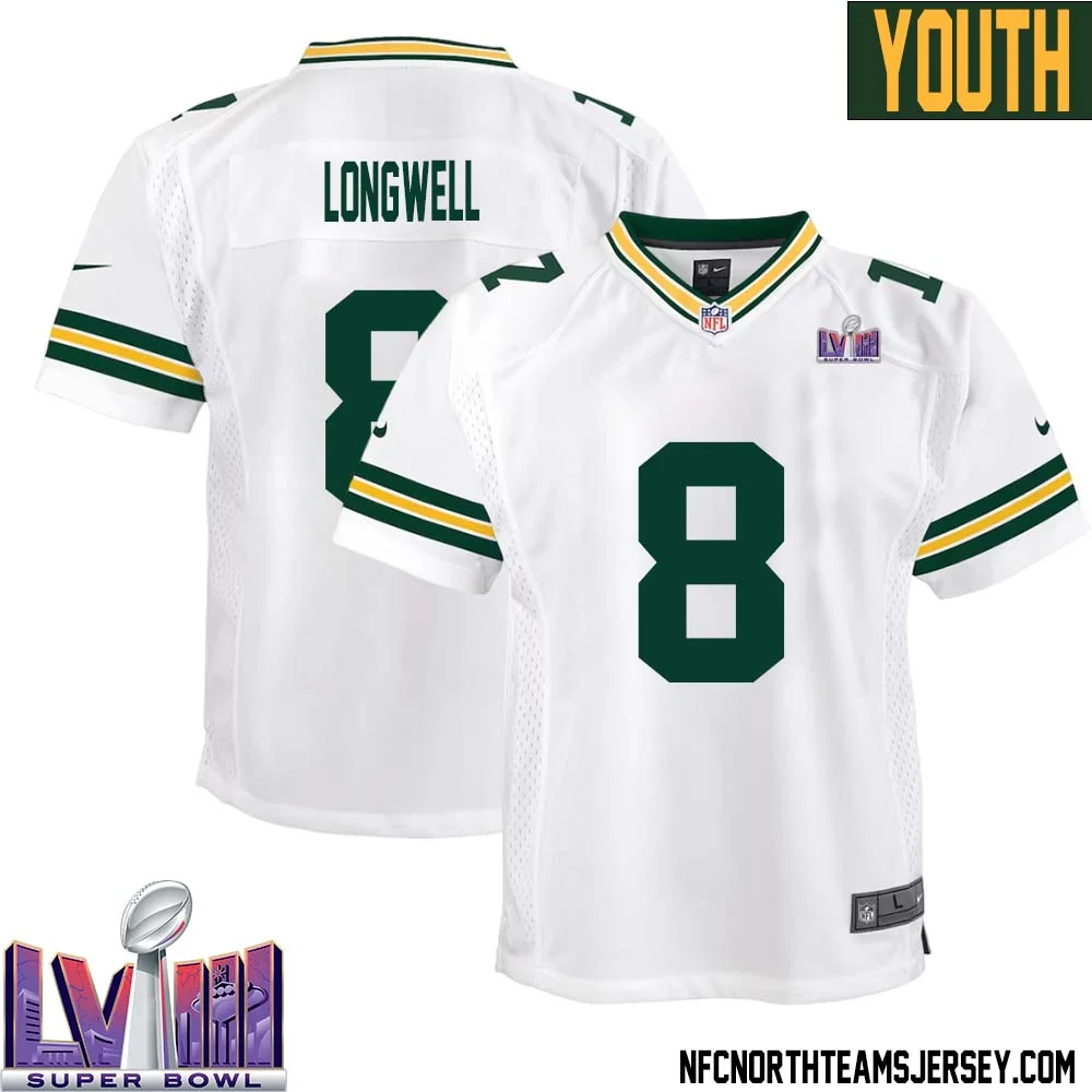 Ryan Longwell No 8 Green Bay Packers Super Bowl LVIII Away Game Jersey Youth White