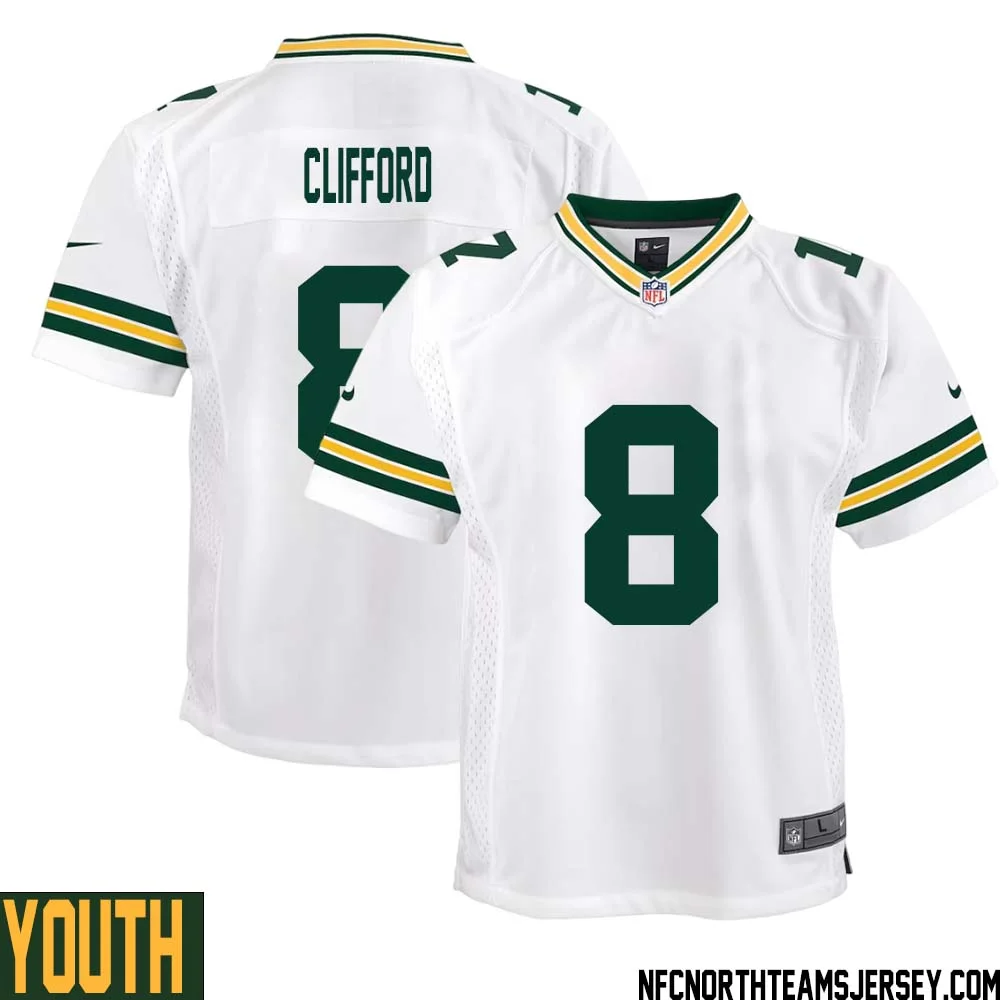 Sean Clifford No 8 Green Bay Packers Away Game Jersey Youth White