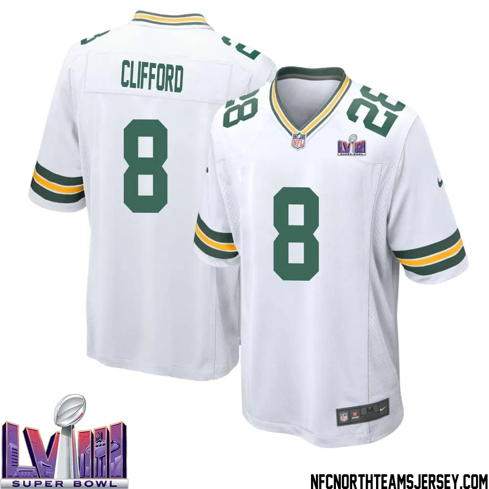 Sean Clifford No 8 Green Bay Packers Super Bowl LVIII Away Game Jersey Mens White 1