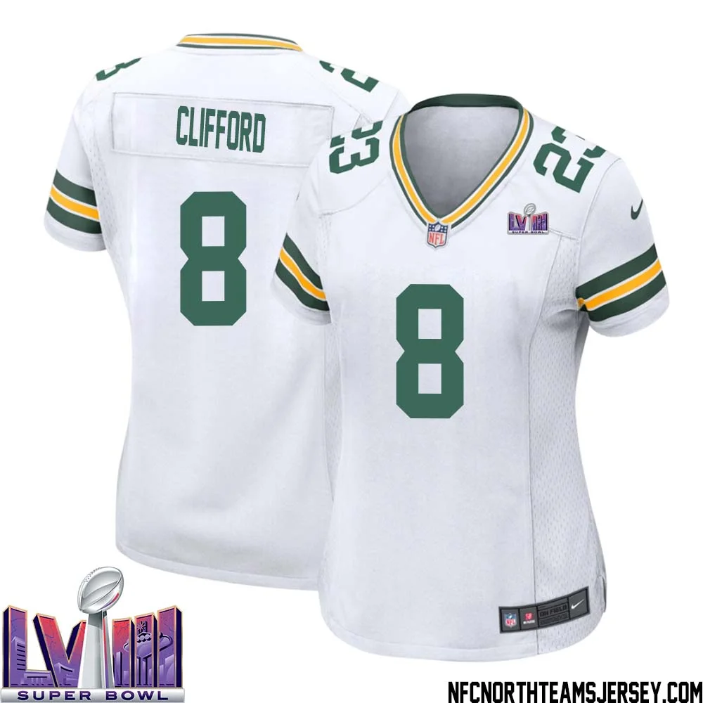 Sean Clifford No 8 Green Bay Packers Super Bowl LVIII Away Game Jersey Womens White 1
