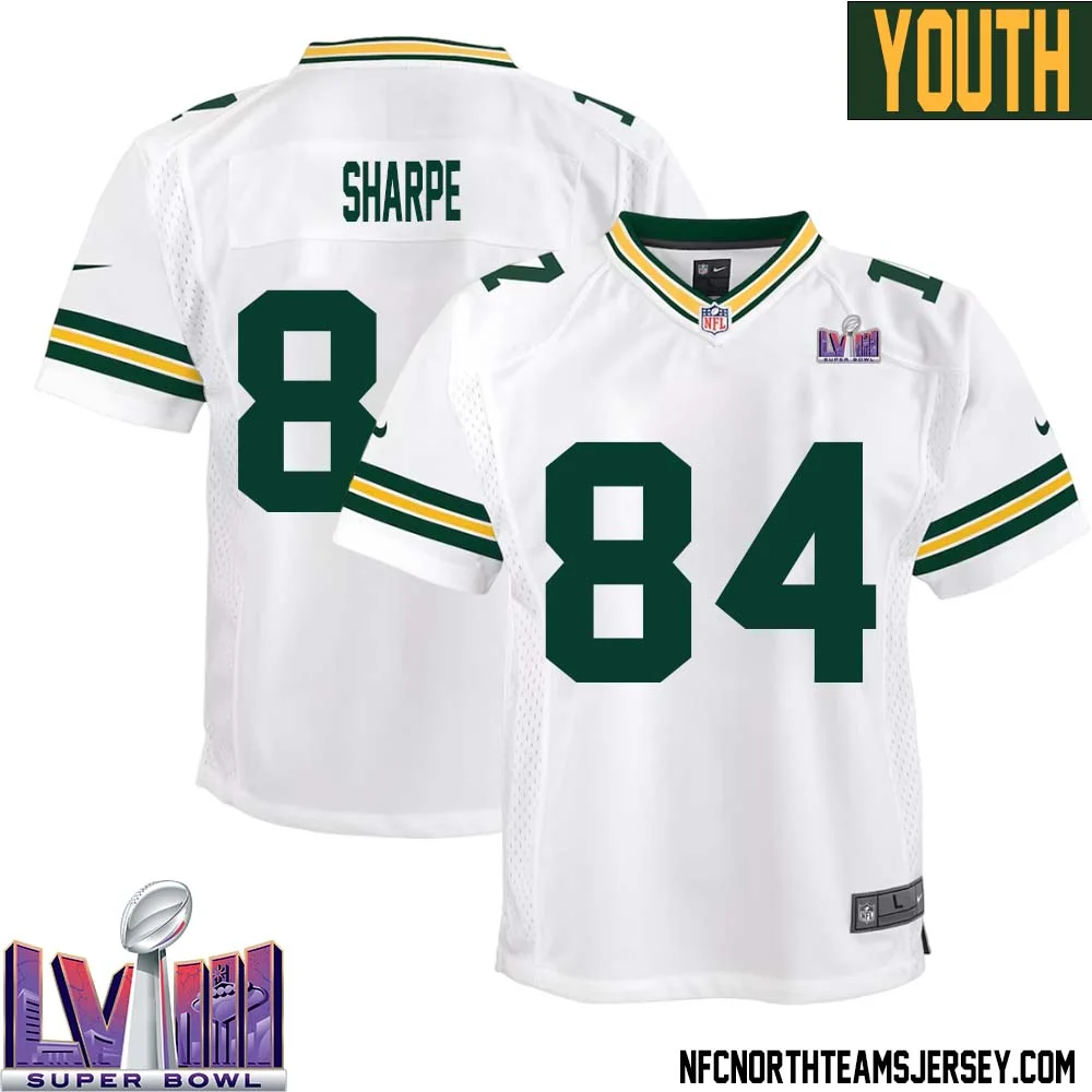 Sterling Sharpe No 84 Green Bay Packers Super Bowl LVIII Away Game Jersey Youth White
