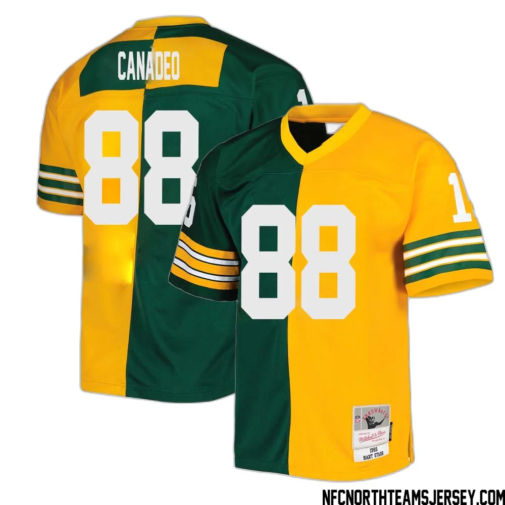 Tony Canadeo No 88 Green Bay Packers Mitchell Ness 1969 Split Legacy Replica Jersey Green Gold