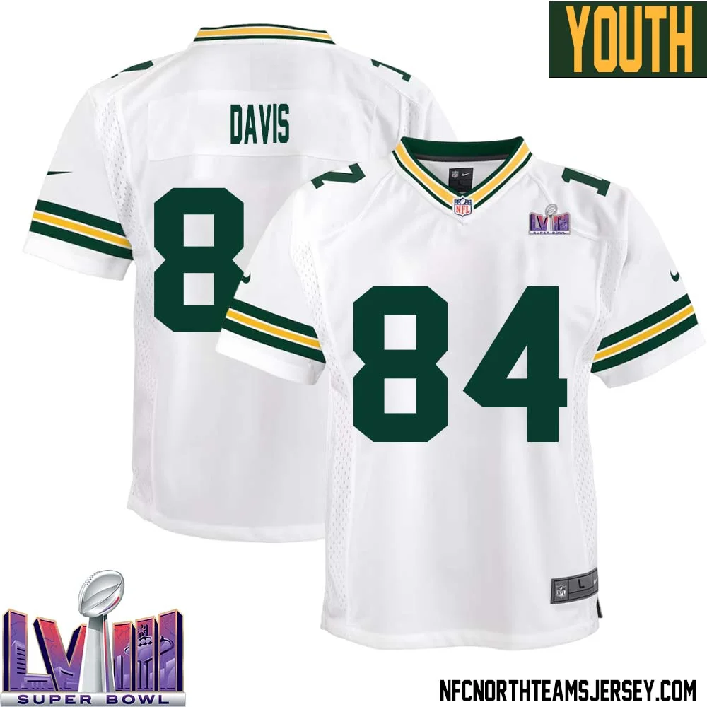 Tyler Davis No 84 Green Bay Packers Super Bowl LVIII Away Game Jersey Youth White 1