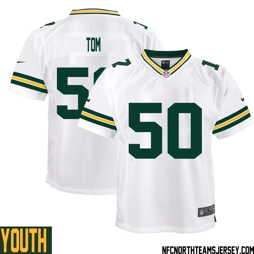 Zach Tom No 50 Green Bay Packers Away Game Jersey Youth White 1