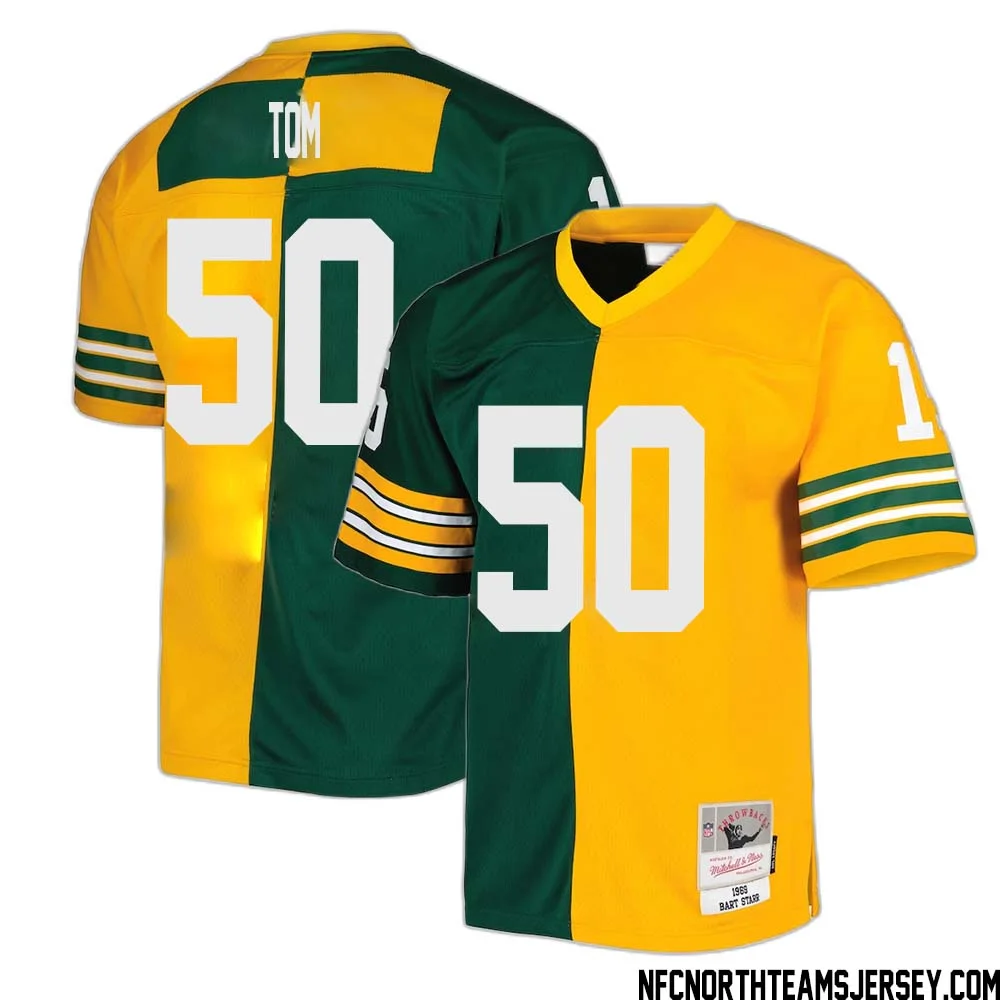 Zach Tom No 50 Green Bay Packers Mitchell Ness 1969 Split Legacy Replica Jersey Green Gold