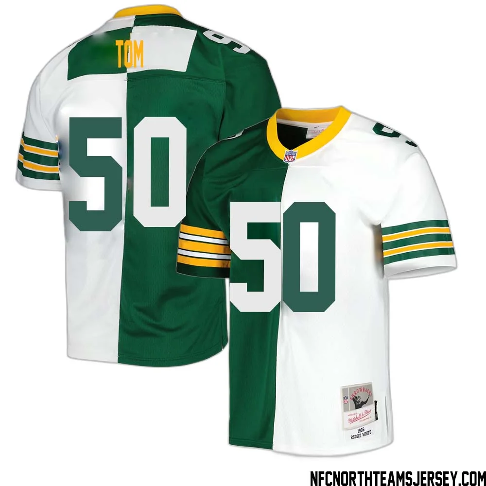 Zach Tom No 50 Green Bay Packers Mitchell Ness 1996 Split Legacy Replica Jersey Green White 1